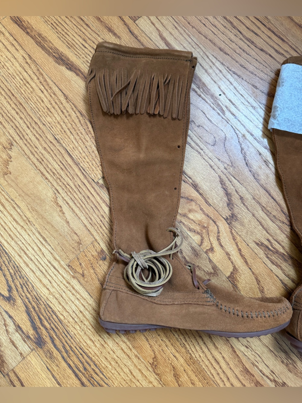 Minnetonka Moccasin Fringe Knee High Boots Sz 7, Leather Suede NEW - Picture 2 of 4